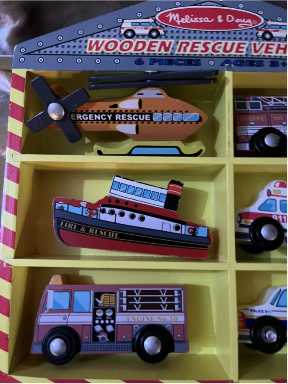 Melissa & Doug Wooden Rescue Vehicles Firetruck Police Car Educational Toy